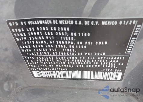 2020 Volkswagen Tiguan 2.0T S from USA, damaged, VIN 3VV1B7AX3LM103449